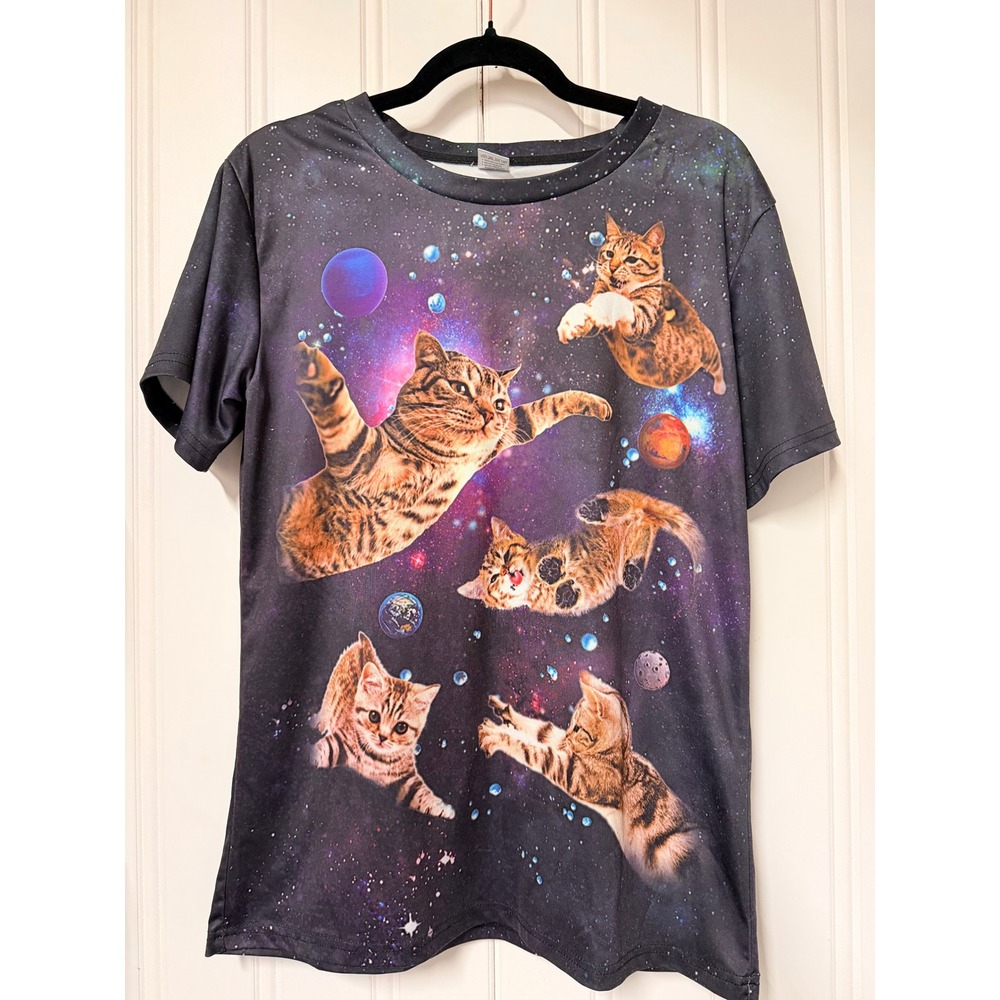 Space Cats Galaxy Graphic T-Shirt Large All Over Print Kitten Planets Streetwear